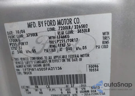 2005 Ford F150 Supercrew из США, поврежденный, VIN 1FTPW14505FA21136